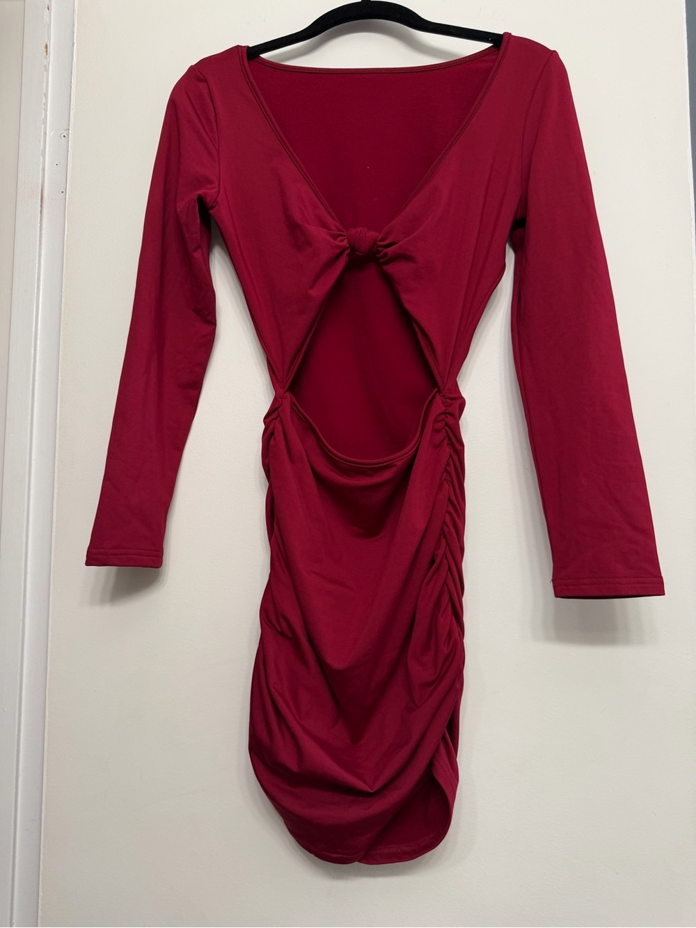 Women's Knot-Front Cutout Fleece-Lined Long Sleeve Dress - Burgundy